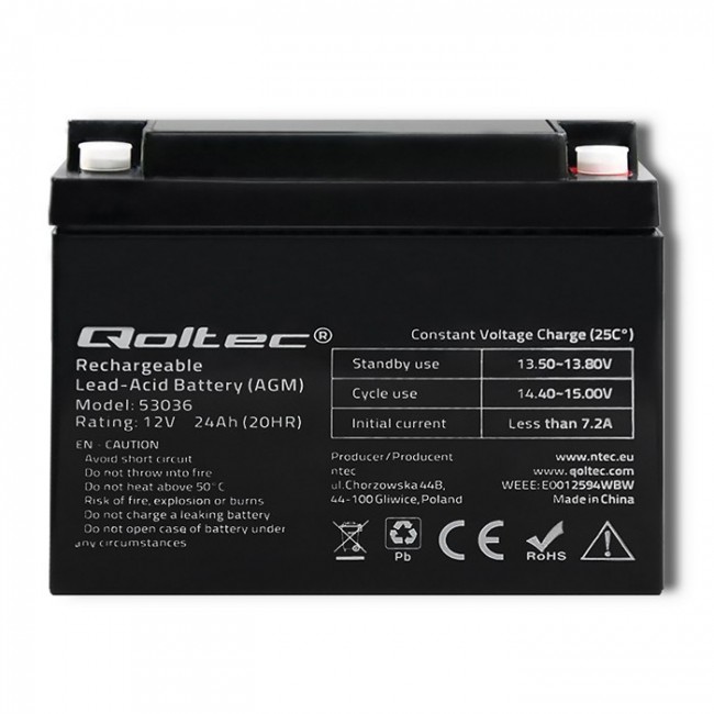 Qoltec 53036 AGM battery | 12V | 24Ah | max 360A Qoltec 53036 AGM battery | 12V | 24Ah | max 360A