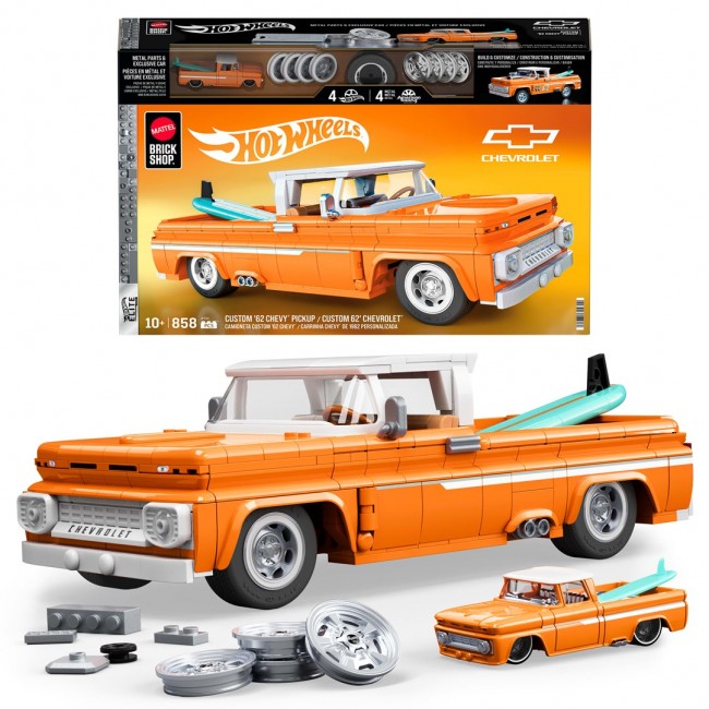 Mattel Brick Shop Hot Wheels Custom 62 Chevy Pickup Building Toy Kit (858 Pieces), for Collectors