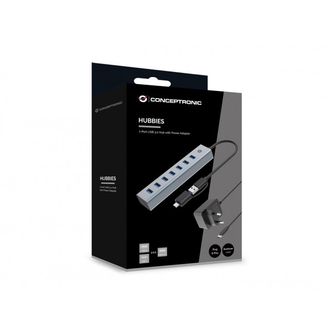 Conceptronic HUBBIES21GP 7-Port USB 3.0 Hub with Power Adapter, 5Gbps, USB-A x 7