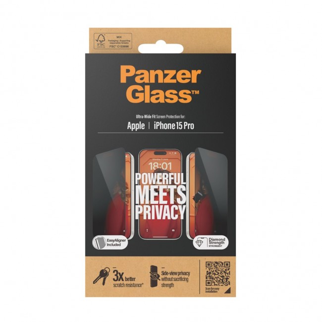 PanzerGlass Privacy Screen Protector iPhone 15 Pro | Ultra-Wide Fit w. EasyAligner Clear screen protector Apple 1 pc(s)