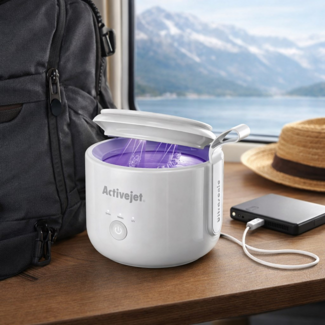 Activejet AUC-198 cordless ultrasonic UV cleaner. For dentures, braces, and jewelry, white.