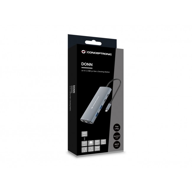 Conceptronic DONN06G 10-in-1 USB 3.2 Gen 1 Docking Station, HDMI, 100W USB PD, USB-C 5Gbps x 2, USB-A 5Gbps x 3, SD, TF/MicroSD, GbE