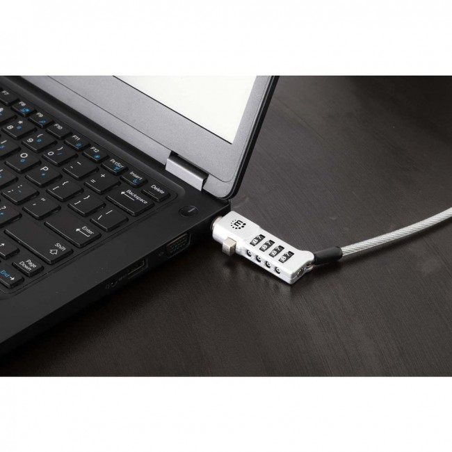 Manhattan Universal Laptop Combination Lock For Noble Wedge , Nano and K-Slot, Secure 3-in-1 Anti-theft Notebook Lock, Resettable 4-digit Combo, 1.8m, Cut-Resistant Carbon Steel Cable, Translucent PVC Jacket, Silver