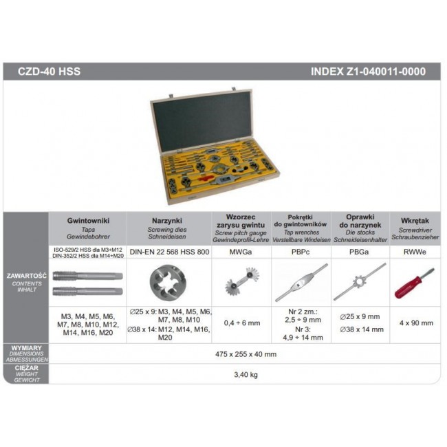 ZESTAW NARZEDZI DO GWINTOWANIA M3-M20 HSS CZD-40