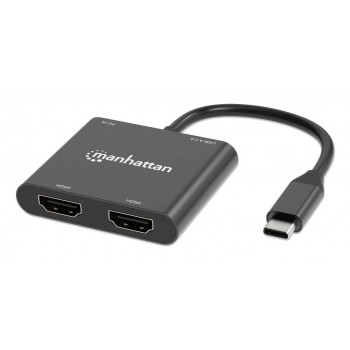 Manhattan USB-C to Dual HDMI and USB-A Adapter, Dual 4K@30Hz or Single 4K@60Hz, USB 2.0 USB-A Port (480 Mbps), Up to 100W USB-C Power Delivery Pass-Through, 15cm Cable, Black, Three Year Warranty