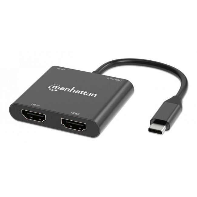 Manhattan USB-C to Dual HDMI and USB-A Adapter, Dual 4K@30Hz or Single 4K@60Hz, USB 2.0 USB-A Port (480 Mbps), Up to 100W USB-C Power Delivery Pass-Through, 15cm Cable, Black, Three Year Warranty