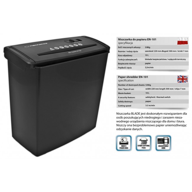 Esperanza EN101 paper shredder Strip shredding 22 cm Black