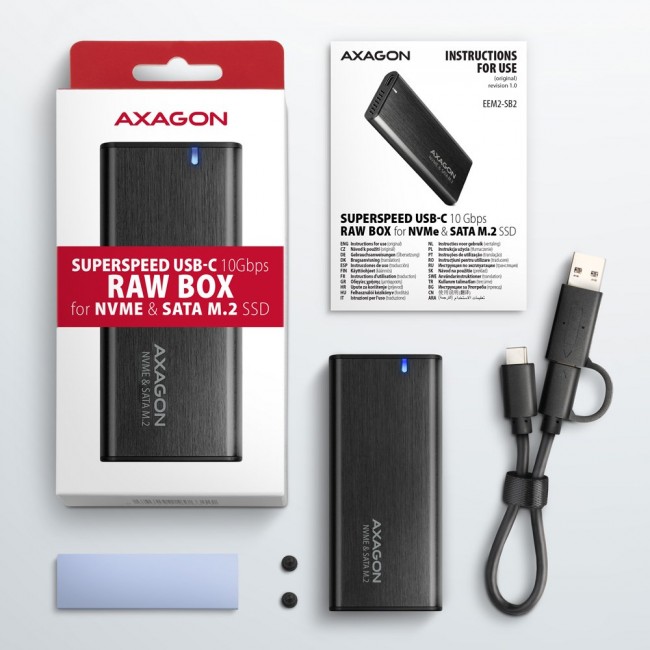 Axagon EEM2-SB2 External USB-C 3.2 Gen 2 metal box for M.2 NVMe & SATA SSD disks. Screwless