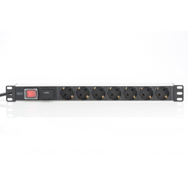 Digitus aluminum outlet strip with switch, 7 safety outlets, 2 m supply with surge protection