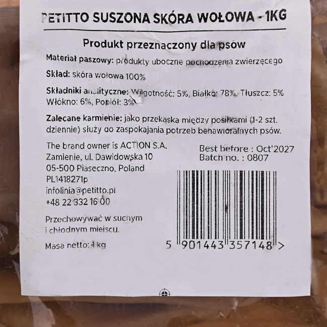 PETITTO Dried beef skin - dog treat - 1kg