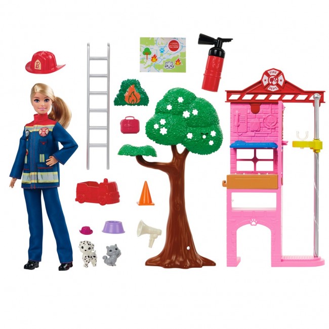 Barbie Firefighter Playset with Blonde Fashion Doll, Fire Station, 2 Pets & 10+ Accessories