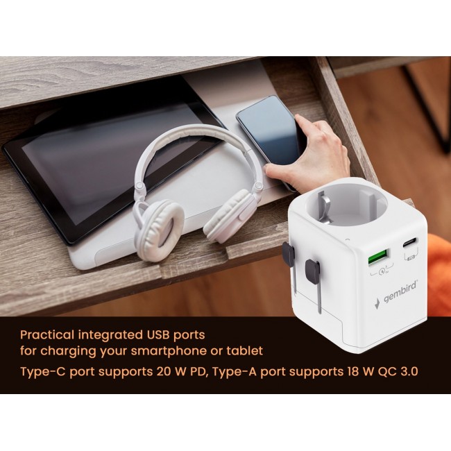 Gembird TPA-EU1A1C20-01-W Grounded universal travel power adapter, 20 W, white Gembird TPA-EU1A1C20-01-W Grounded universal travel power adapter, 20 W, white