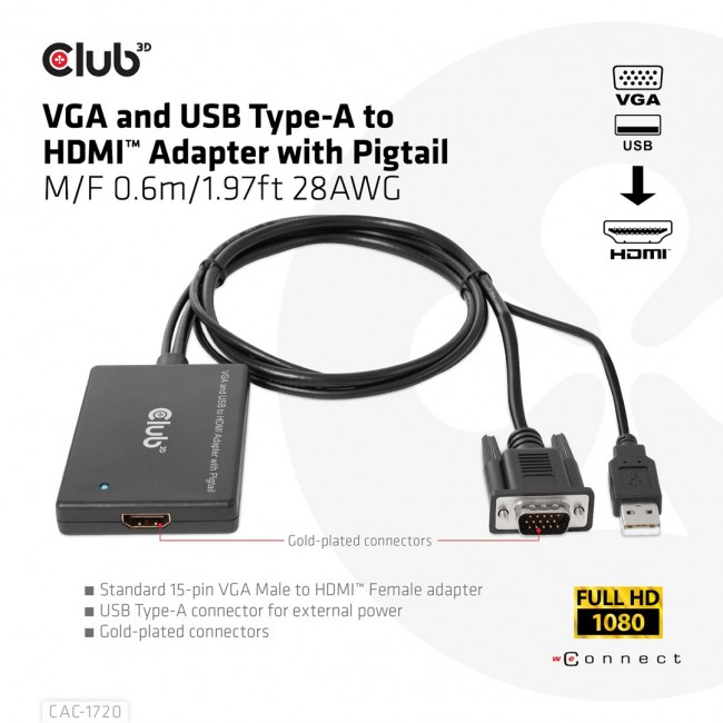 CLUB3D VGA and USB Type-A to HDMI Adapter with Pigtail M/F 0.6m/1.97ft 28AWG CLUB3D VGA and USB Type-A to HDMI Adapter with Pigtail M/F 0.6m/1.97ft 28AWG