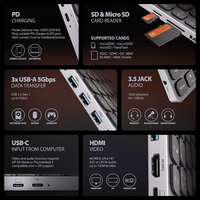 Axagon HMC-KB-US laptop dock/port replicator Wired USB 3.2 Gen 1 (3.1 Gen 1) Type-C Grey Axagon HMC-KB-US laptop dock/port replicator Wired USB 3.2 Gen 1 (3.1 Gen 1) Type-C Grey