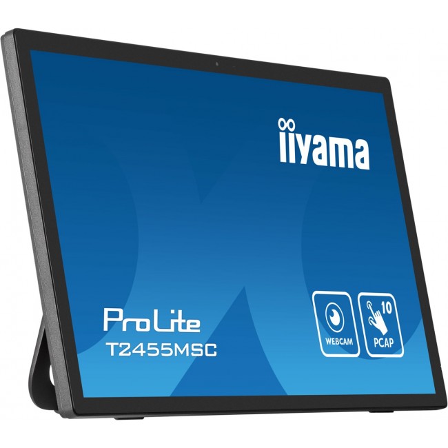 iiyama 24 multi-touch monitor with edge-to-edge glass, anti fingerprint coating , integrated webcam and a flexible stand