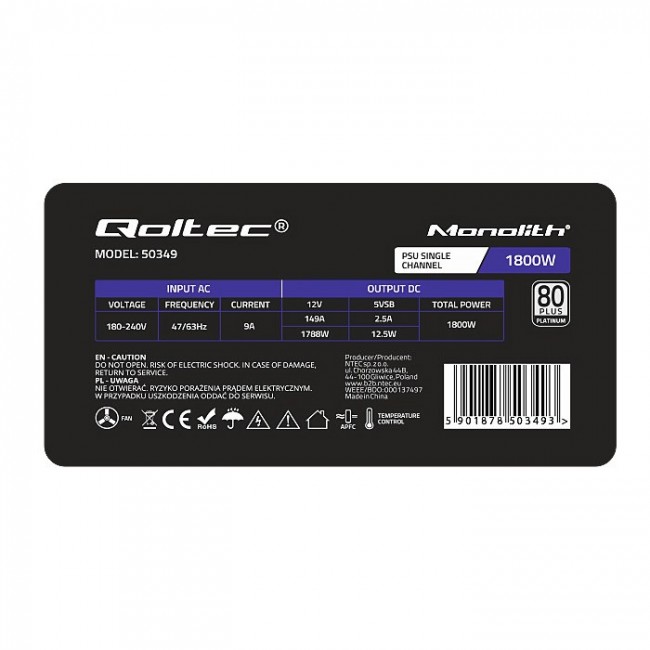 Qoltec 50349 PCI-E 1800W power supply | 80 Plus Platinum | Game miner