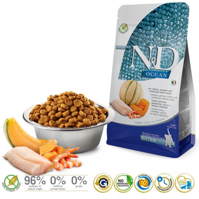 FARMINA N&D Ocean Cat Cod, Shrimp, Pumpkin and Cantaloupe Melon Kitten - dry cat food - 1.5 kg