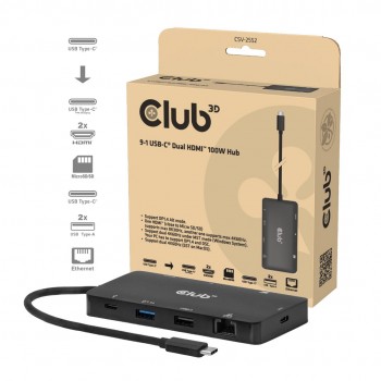 CLUB3D 9-1 Dual HDMI USB-C Hub PD3.0 100W
