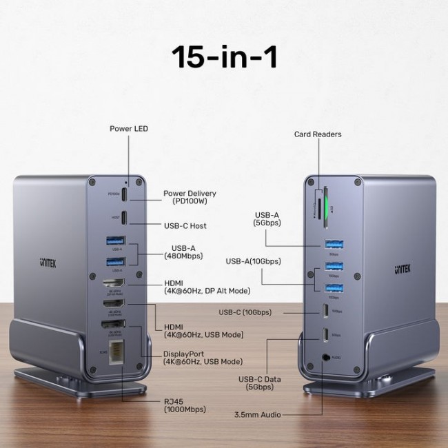 UNITEK D1135AGY01 laptop dock/port replicator Docking USB 3.2 Gen 1 (3.1 Gen 1) Type-C Grey