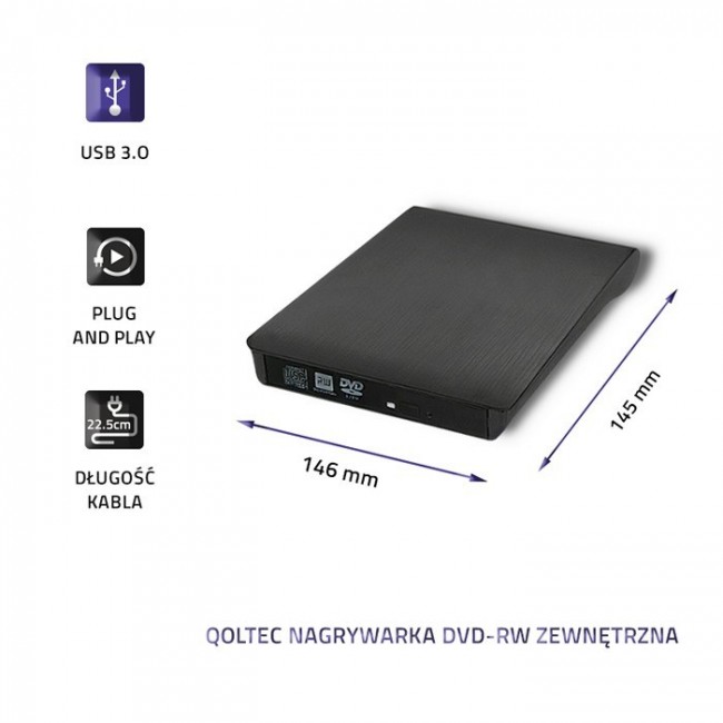 Qoltec 51857 External DVD-RW recorder |USB 3:0|Black Qoltec 51857 External DVD-RW recorder |USB 3:0|Black