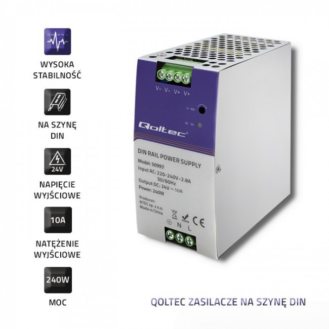 Qoltec 50997 DIN rail power supply | 240W | 24V | 10A Qoltec 50997 DIN rail power supply | 240W | 24V | 10A
