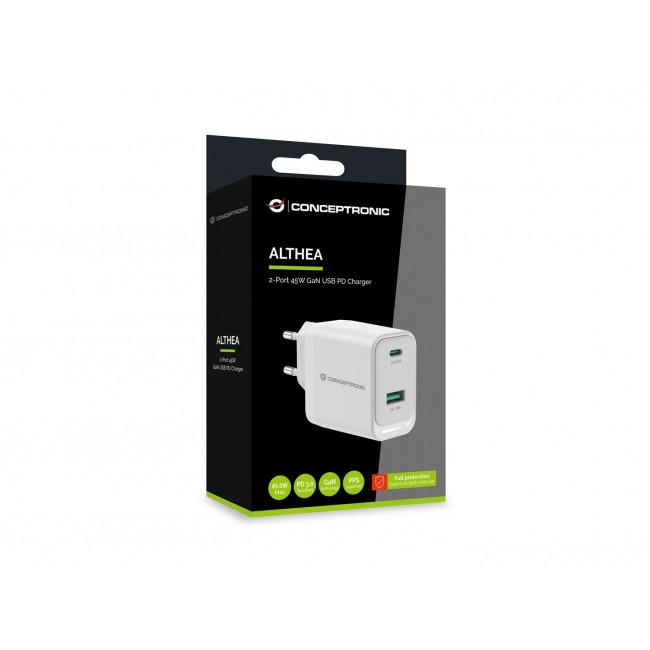 Conceptronic ALTHEA20W45 2-Port 45W GaN USB PD Charger, USB-C x 1, USB-A x 1, QC 3.0, PPS, PD 3.0