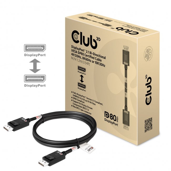CLUB3D DisplayPort 2.1 Bi-Directional VESA DP80 Certified Cable 4K240Hz, 8K60Hz or 10K30Hz M/M 1.2m/3.94ft