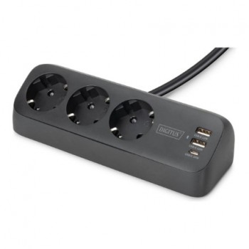 Digitus 3-way office socket strip with 2x USB-A and 1x USB-C connections, black Digitus 3-way office socket strip with 2x USB-A and 1x USB-C connections, black