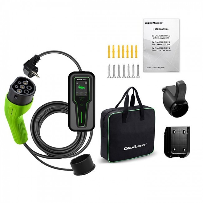 Qoltec Mobile EV Car Charger Adjustable 2in1 Type2 | 3.5kW | 230V | LCD | Portable | Wallbox | 5m Qoltec Mobile EV Car Charger Adjustable 2in1 Type2 | 3.5kW | 230V | LCD | Portable | Wallbox | 5m