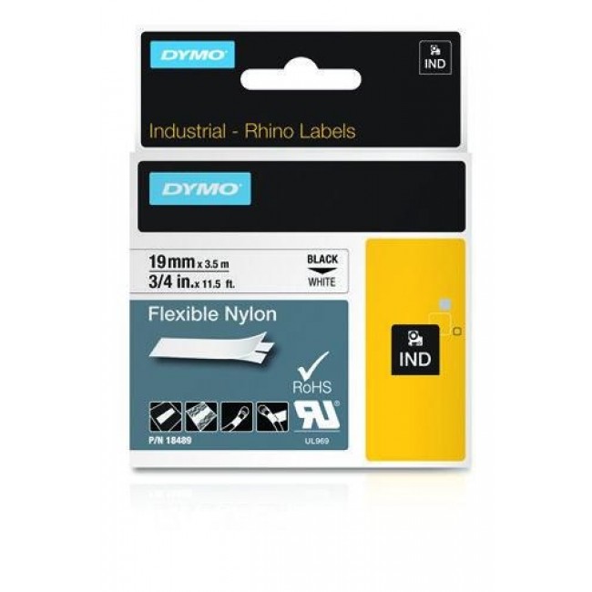 DYMO Rhino Industrial Flexible Nylon Labels | 19 mm x 3.5 m | Black Print on White | Self-Adhesive | for Rhino & LabelManager Label Makers
