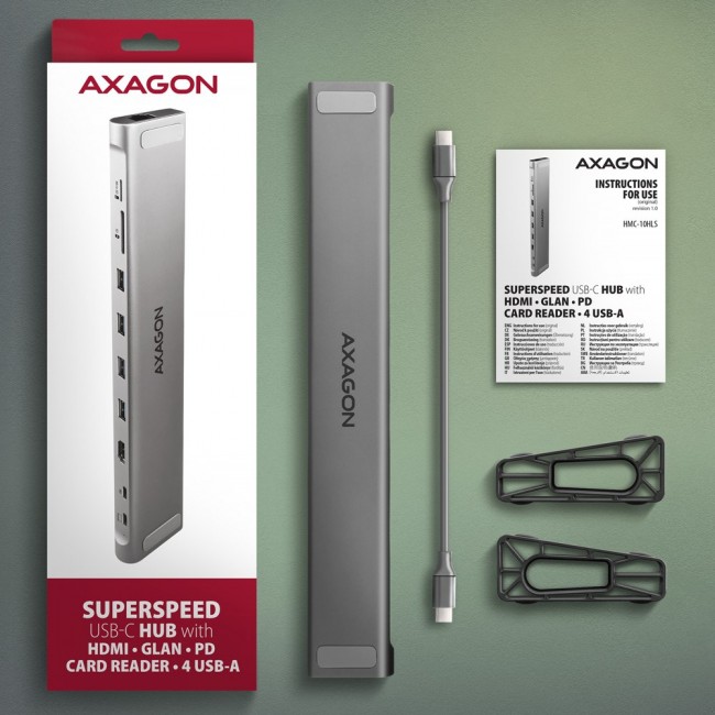 AXAGON HMC-10HLS multiport hub, 4x USB-A and 2x USB-C, HDMI 4K/60Hz, RJ-45, SD/microSD, PD 100W AXAGON HMC-10HLS multiport hub, 4x USB-A and 2x USB-C, HDMI 4K/60Hz, RJ-45, SD/microSD, PD 100W