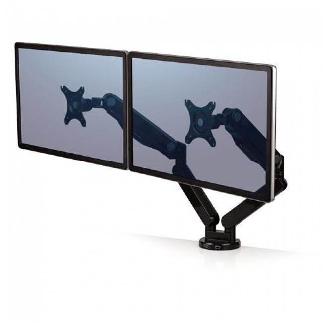 Fellowes Platinum Series Dual Monitor Arm - Monitor Mount for Two 8KG 40 Inch Screens - Adjustable Dual Monitor Desk Mount - Tilt 45 Pan 180 Swivel 360 Rotation 360 , VESA 75 x 75/100 x 100 - Black