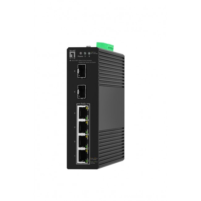 LevelOne Hilbert 6-Port Industrial Gigabit PoE Smart Lite Switch, 2 x SFP, 4 PoE Outputs, 802.3at/af PoE
