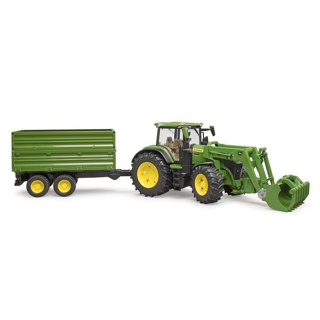 John Deere 7R 350 tractor with front loader and 2-axle trailer 03155 BRUDER