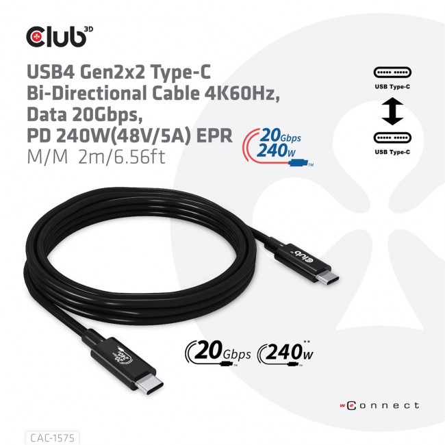 CLUB3D USB4 Gen2x2 Type-C Bi-Directional Cable 4K60Hz, Data 20Gbps, PD 240W(48V/5A) EPR M/M 2m