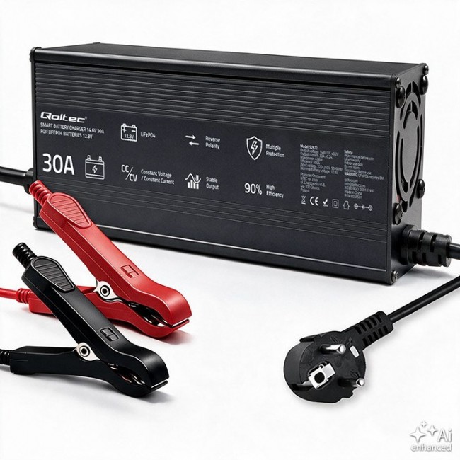 Qoltec Specjalistyczna adowarka do akumulatora LiFePO4 12V | 30A | PF 0.9 | LED | Inteligentne adowanie