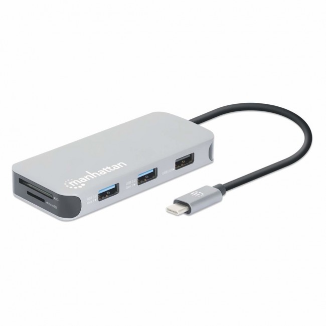 Manhattan USB-C Dock/Hub with Card Reader, Ports (x6): Ethernet, HDMI, USB-A (x3) and USB-C, With Power Delivery (100W) to USB-C Port (Note additional USB-C wall charger and USB-C cable needed), Universal for all devices, Cable 15cm, Aluminium, Silver