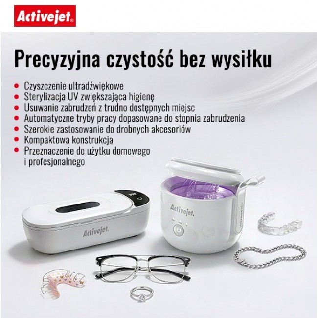 Ultrasonic UV cleaner, Activejet AUC-200, for dentures, glasses and jewelry, white