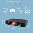 Qoltec Prze ącznik sieciowy SWITCH Fast Ethernet PoE | 16x RJ45 10/100 Mb/s | 2x RJ45 Uplink 1000 Mb/s | 1x SFP 1000 Mb/s