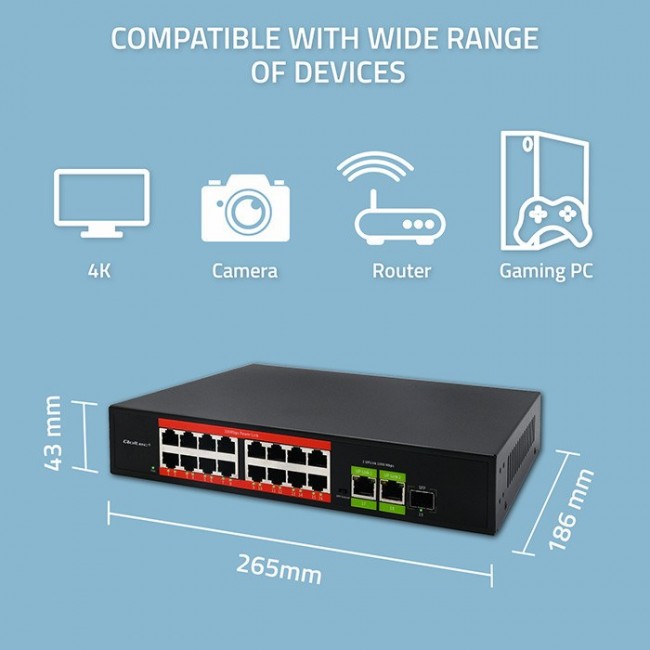 Qoltec Prze ącznik sieciowy SWITCH Fast Ethernet PoE | 16x RJ45 10/100 Mb/s | 2x RJ45 Uplink 1000 Mb/s | 1x SFP 1000 Mb/s