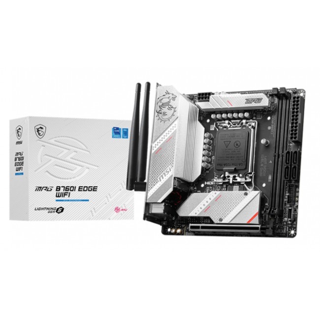 MSI | MPG B760I EDGE WIFI | Processor family Intel | Processor socket LGA1700 | DDR5 DIMM | Memory slots 2 | Supported hard disk drive interfaces SATA, M.2 | Number of SATA connectors 4 | Chipset Intel B760 | Mini-ITX