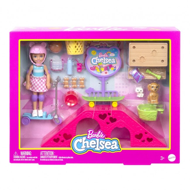 Barbie Chelsea Doll and Accessories, Skatepark Playset with 2 Puppies and 15+ Pieces