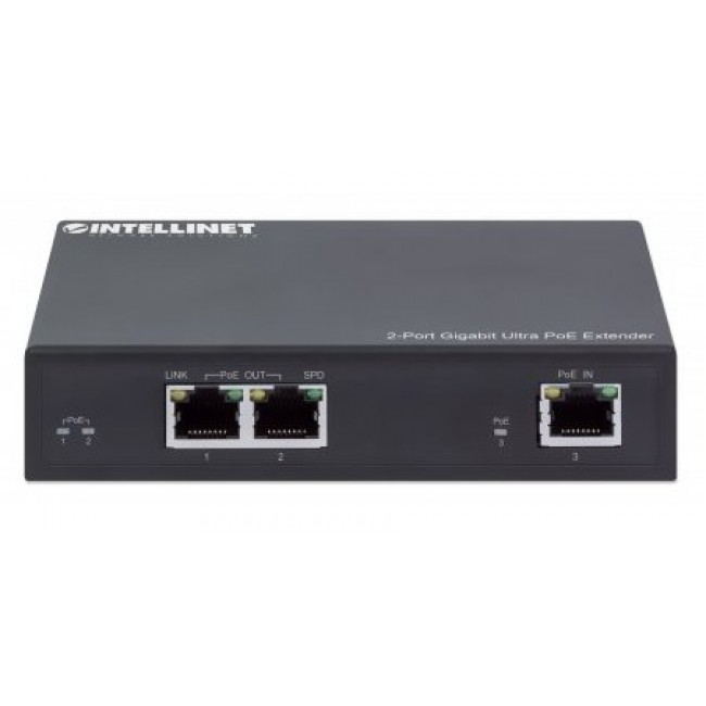 Intellinet 2-Port Gigabit Ultra PoE Extender, Adds up to 100 m (328 ft.) to PoE Range, PoE Power Budget 60 W, Two PSE Ports with 30 W Output Each, IEEE 802.3bt/at/af Compliant, Metal Housing