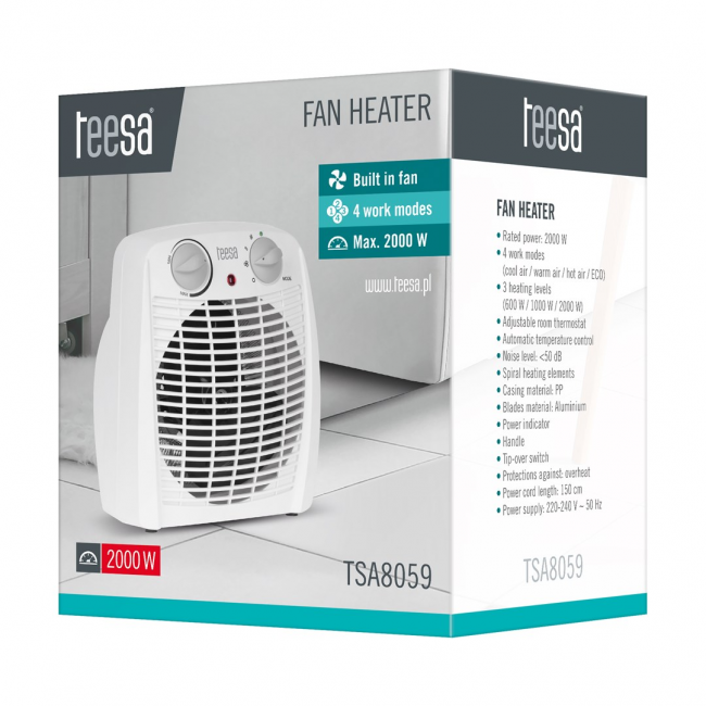 Teesa TSA8059 electric space heater Indoor White 2000 W Fan electric space heater Teesa TSA8059 electric space heater Indoor White 2000 W Fan electric space heater