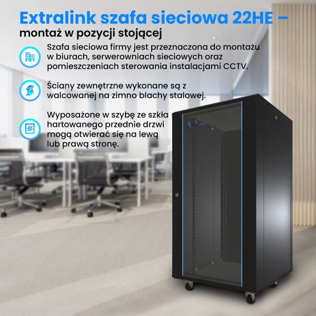 Extralink Rackmount cabinet 22U 600x800 Black standing