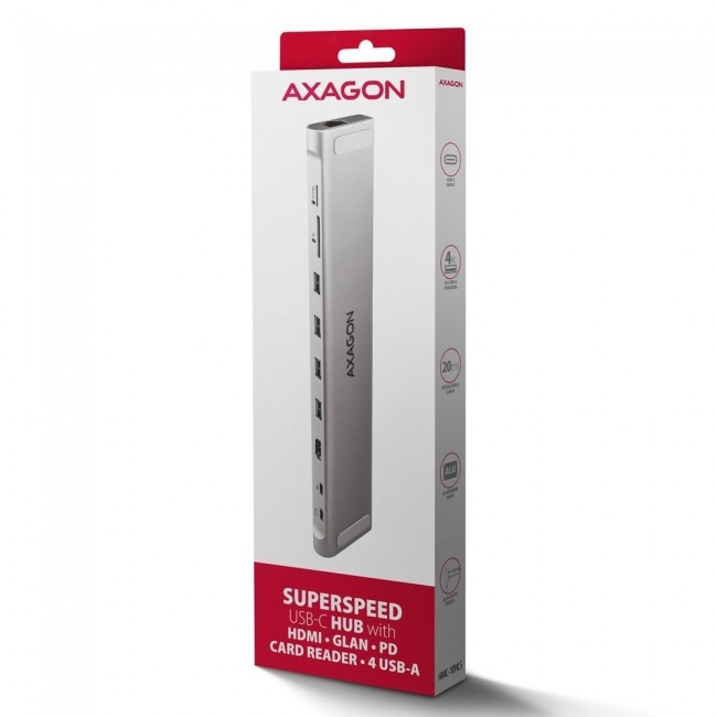 AXAGON HMC-10HLS multiport hub, 4x USB-A and 2x USB-C, HDMI 4K/60Hz, RJ-45, SD/microSD, PD 100W AXAGON HMC-10HLS multiport hub, 4x USB-A and 2x USB-C, HDMI 4K/60Hz, RJ-45, SD/microSD, PD 100W
