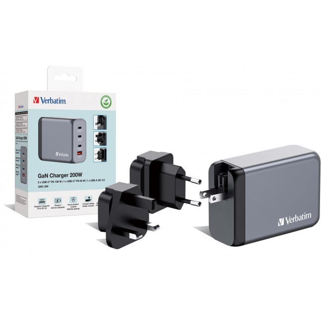 Verbatim GNC-200 GaN Charger 200W with 2 x USB-C PD 100W / 1 x USB-C PD 65W / 1 x USB QC 3.0 (EU/UK/US) Verbatim GNC-200 GaN Charger 200W with 2 x USB-C PD 100W / 1 x USB-C PD 65W / 1 x USB QC 3.0 (EU/UK/US)