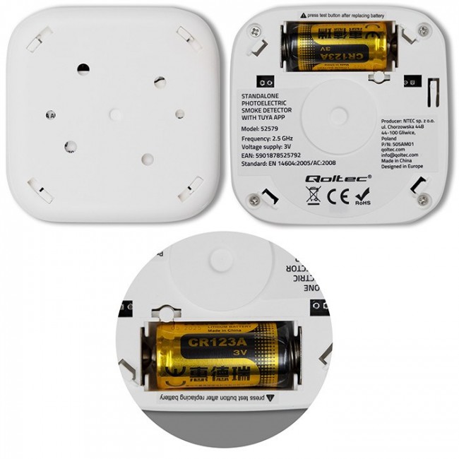 Qoltec 52579 Wireless smoke detector with battery | Tuya | Wi-fi | sensor service life 10 years | alarm 85dB | LED