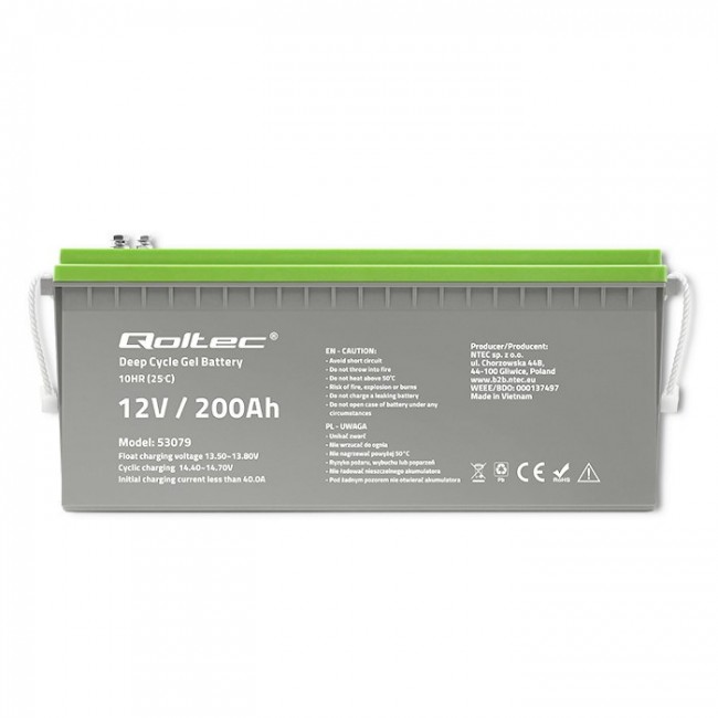 Qoltec 53079 Deep Cycle Gel battery | 12V | 200Ah | 62.5kg Qoltec 53079 Deep Cycle Gel battery | 12V | 200Ah | 62.5kg