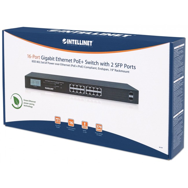 Intellinet 16-Port Gigabit Ethernet PoE+ Switch with 2 SFP Ports, LCD Display, IEEE 802.3at/af Power over Ethernet (PoE+/PoE) Compliant, 370 W, Endspan, 19 Intellinet 16-Port Gigabit Ethernet PoE+ Switch with 2 SFP Ports, LCD Display, IEEE 802.3at/af Power over Ethernet (PoE+/PoE) Compliant, 370 W, Endspan, 19